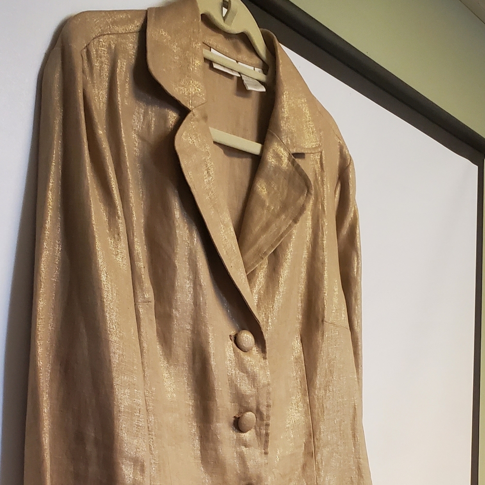 Vintage Spiegel Tan Gold Metalic 100% Linen Blazer Jacket Size 18 - Picture 3 of 9
